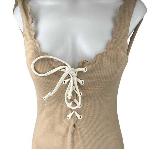 MARYSIA Broadway Tie Maillot Tan Lace Up Halter Scalloped One Piece Swimsuit S - Picture 5 of 7